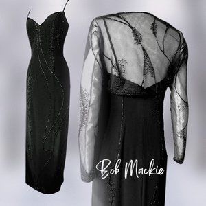BOB MACKIE BEADED FORMAL MOB GOWN HOLIDAY EVENT PARTY MAXI DRESS + SHEER BOLERO